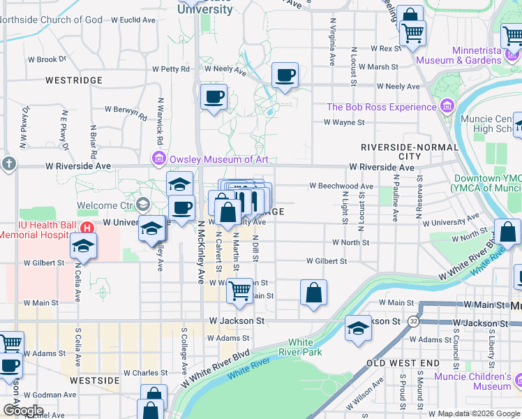 map of restaurants, bars, coffee shops, grocery stores, and more near 1523 West Ashland Avenue in Muncie
