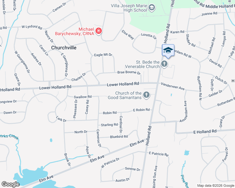 map of restaurants, bars, coffee shops, grocery stores, and more near 9 Swallow Road in Churchville