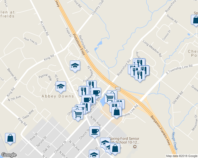 map of restaurants, bars, coffee shops, grocery stores, and more near 515 Lakeview Drive in Royersford