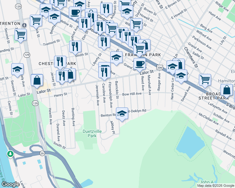 map of restaurants, bars, coffee shops, grocery stores, and more near 67 Barricklo Street in Hamilton Township