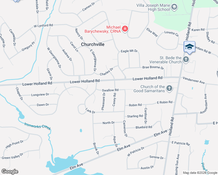 map of restaurants, bars, coffee shops, grocery stores, and more near 404 Lower Holland Road in Holland