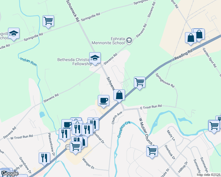 map of restaurants, bars, coffee shops, grocery stores, and more near 109 Schoeneck Road in Ephrata