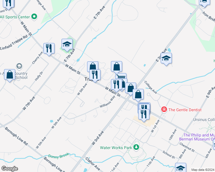 map of restaurants, bars, coffee shops, grocery stores, and more near 379 West Main Street in Collegeville
