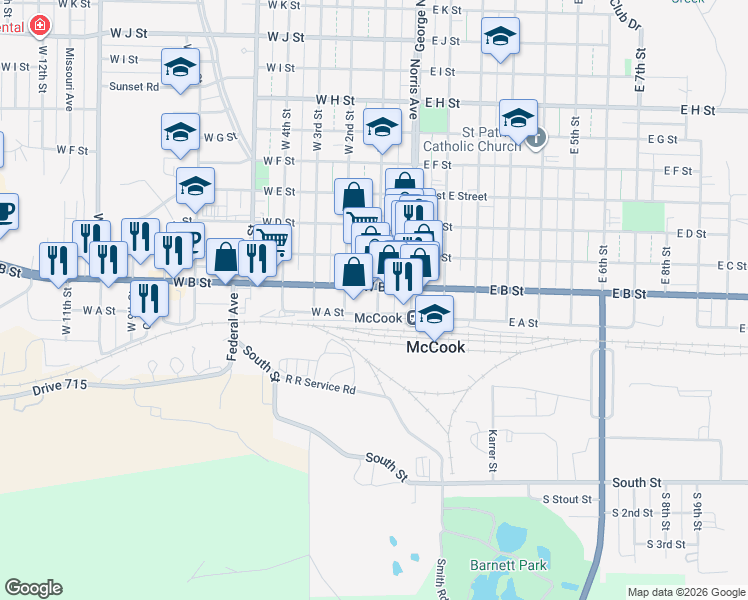 map of restaurants, bars, coffee shops, grocery stores, and more near 112 W 1st St in McCook