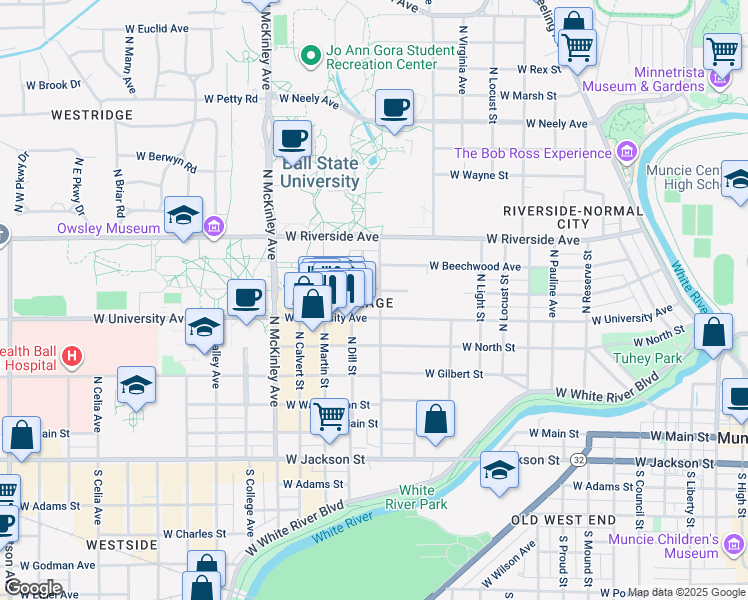 map of restaurants, bars, coffee shops, grocery stores, and more near 551 North Dicks Street in Muncie