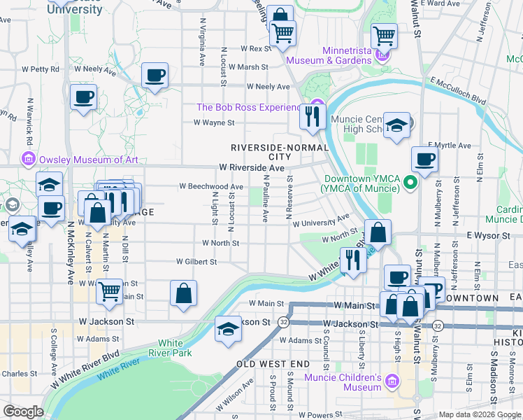 map of restaurants, bars, coffee shops, grocery stores, and more near in Muncie