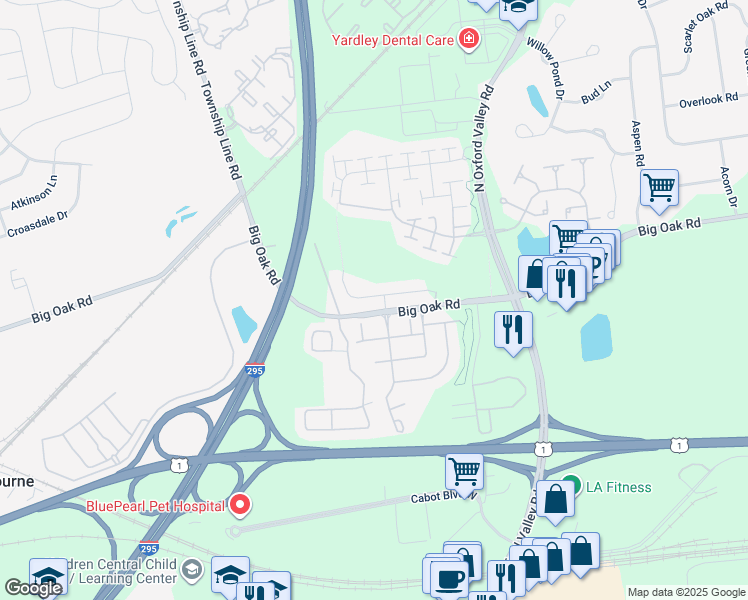 map of restaurants, bars, coffee shops, grocery stores, and more near 40 Griffin Way in Yardley