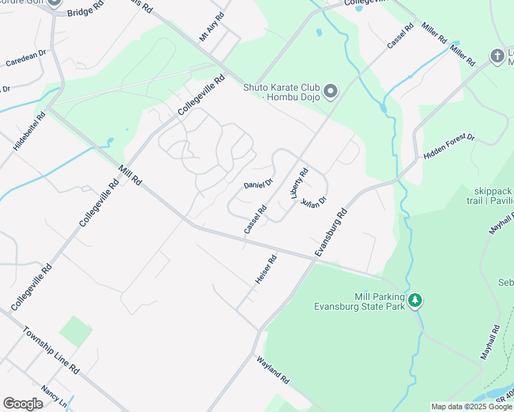 map of restaurants, bars, coffee shops, grocery stores, and more near 3868 Brian Court in Collegeville