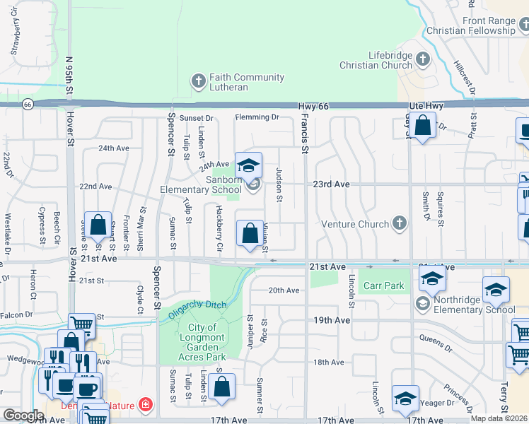 map of restaurants, bars, coffee shops, grocery stores, and more near 2235 Vivian Street in Longmont