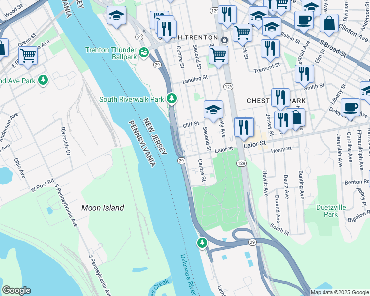 map of restaurants, bars, coffee shops, grocery stores, and more near 749 Centre Street in Trenton