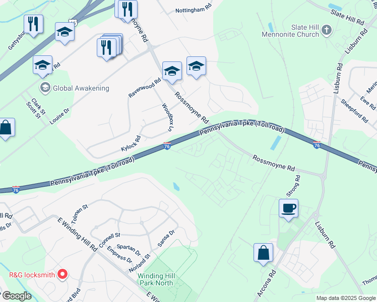 map of restaurants, bars, coffee shops, grocery stores, and more near 3139 Overlook Drive in Mechanicsburg