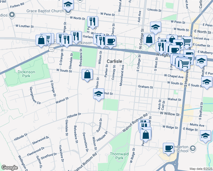 map of restaurants, bars, coffee shops, grocery stores, and more near 251 Parker Street in Carlisle