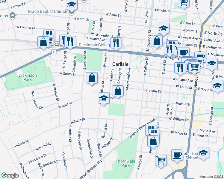 map of restaurants, bars, coffee shops, grocery stores, and more near 251 Parker Street in Carlisle