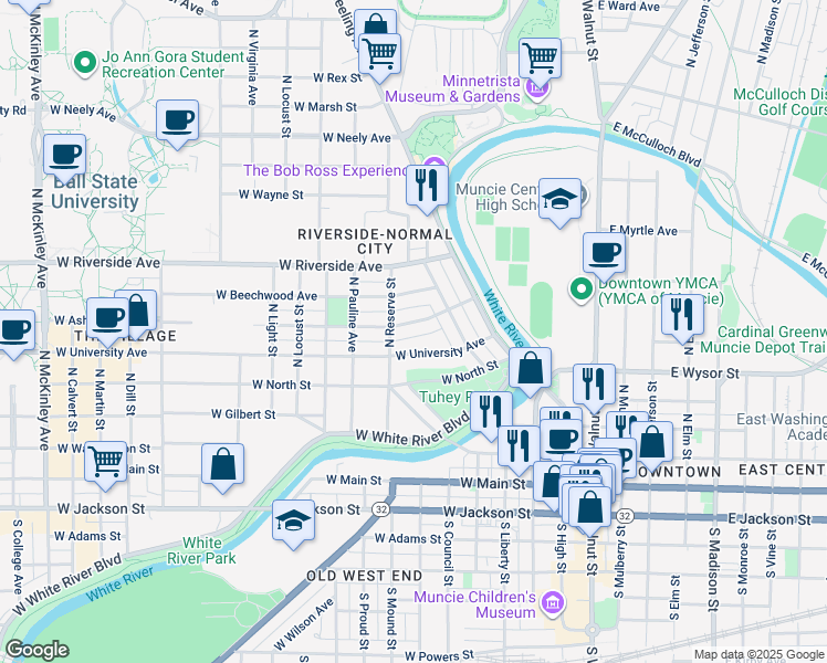 map of restaurants, bars, coffee shops, grocery stores, and more near 705 W Ashland Ave in Muncie
