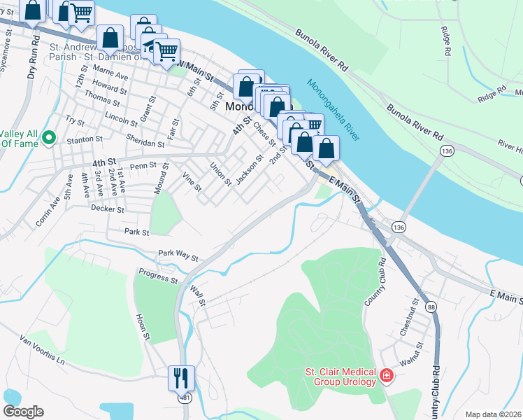 map of restaurants, bars, coffee shops, grocery stores, and more near 428 Park Avenue in Monongahela