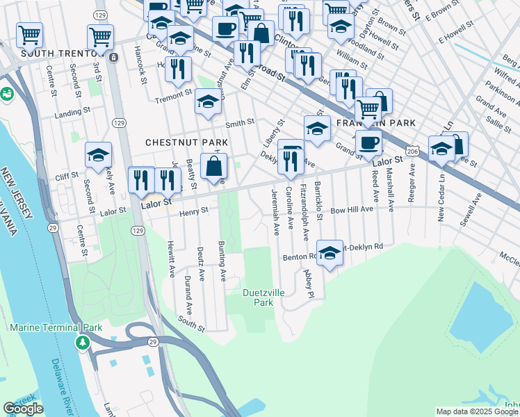 map of restaurants, bars, coffee shops, grocery stores, and more near 47 Stenton Court in Hamilton Township