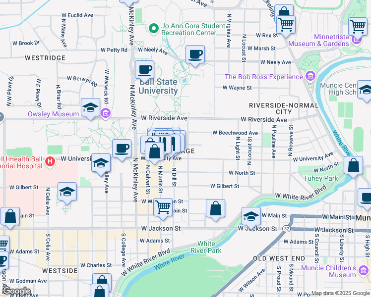 map of restaurants, bars, coffee shops, grocery stores, and more near 551 North Dicks Street in Muncie