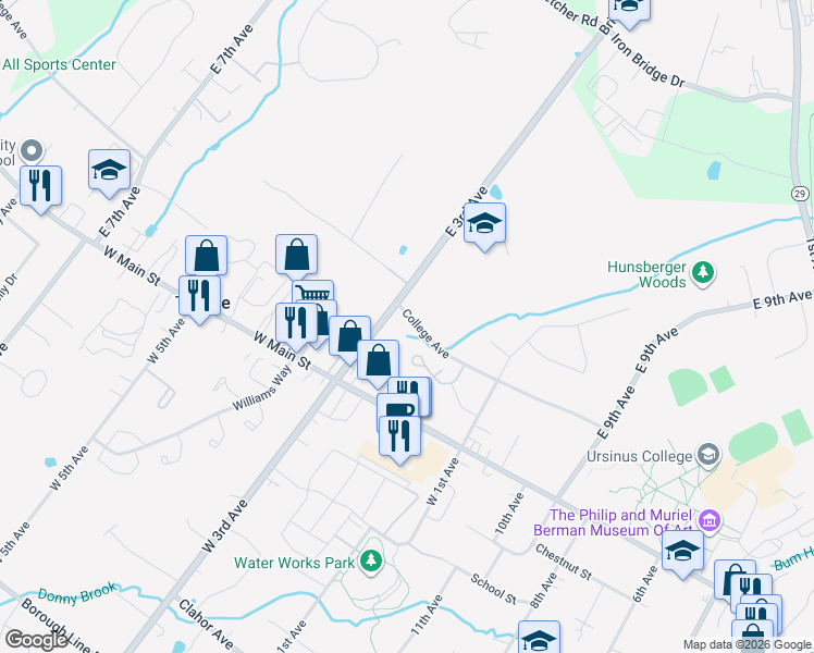 map of restaurants, bars, coffee shops, grocery stores, and more near 212 College Avenue in Collegeville