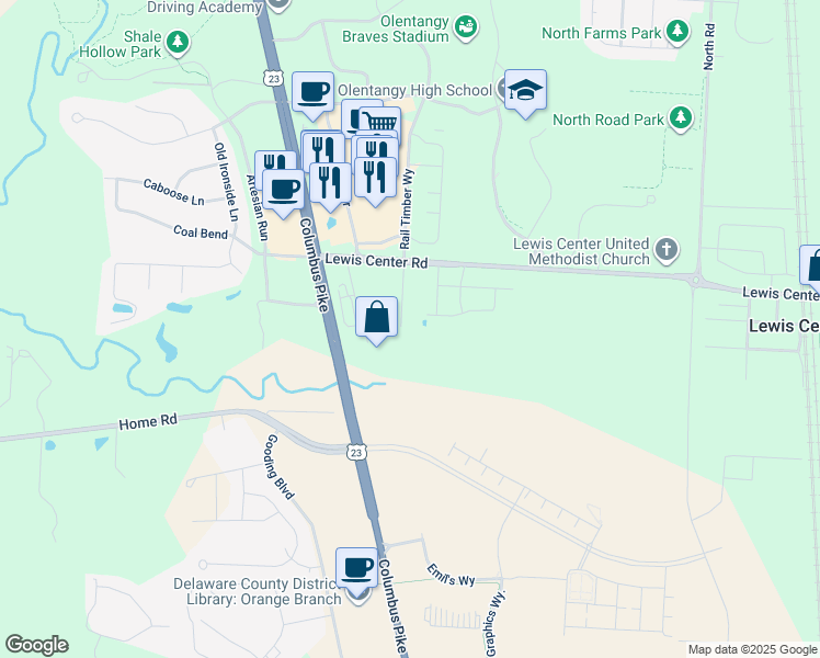 map of restaurants, bars, coffee shops, grocery stores, and more near 6559 Dubois Road in Lewis Center
