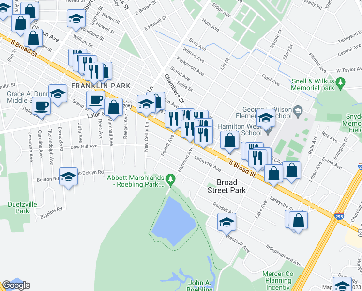 map of restaurants, bars, coffee shops, grocery stores, and more near 134 Lafayette Avenue in Trenton