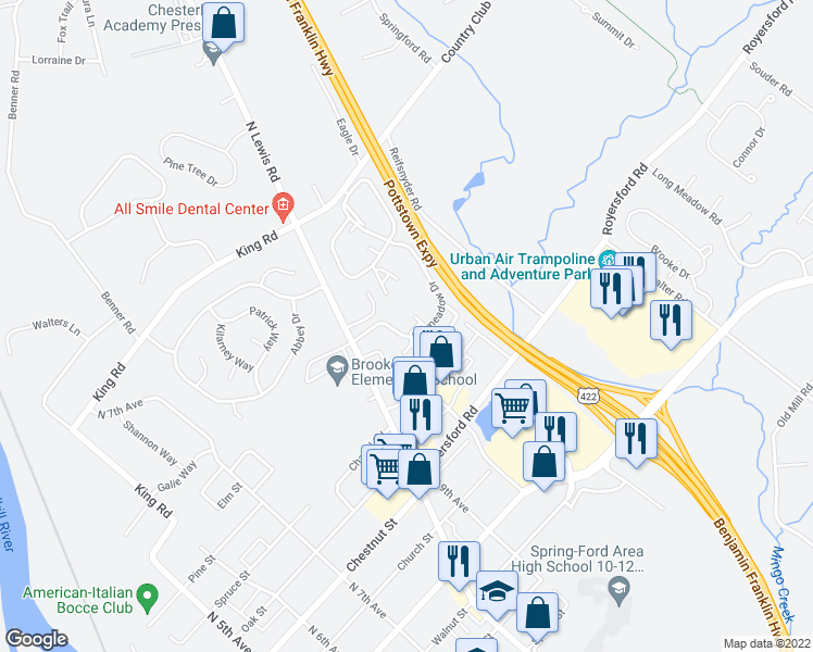 map of restaurants, bars, coffee shops, grocery stores, and more near 804 Foxmeadow Drive in Royersford