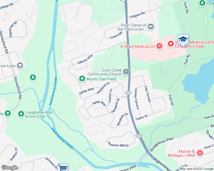 map of restaurants, bars, coffee shops, grocery stores, and more near 221 Hampton Drive in Langhorne