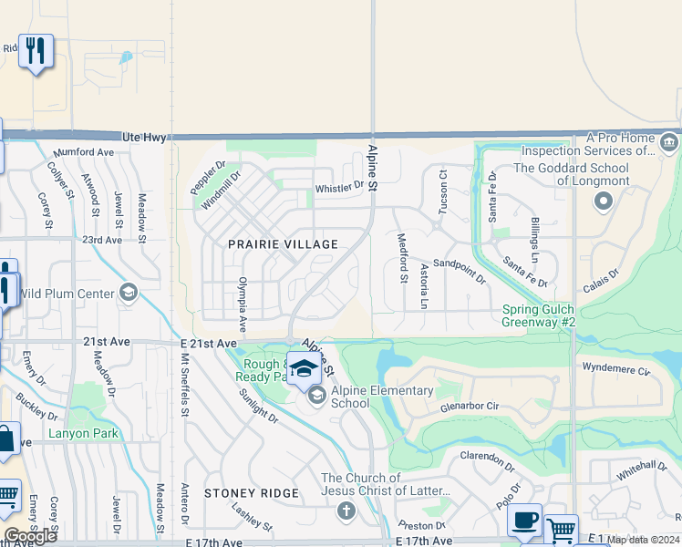 map of restaurants, bars, coffee shops, grocery stores, and more near 2214 Alpine Street in Longmont