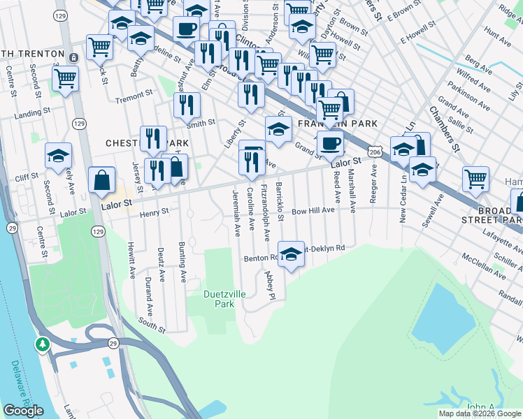 map of restaurants, bars, coffee shops, grocery stores, and more near 51 Caroline Avenue in Hamilton Township