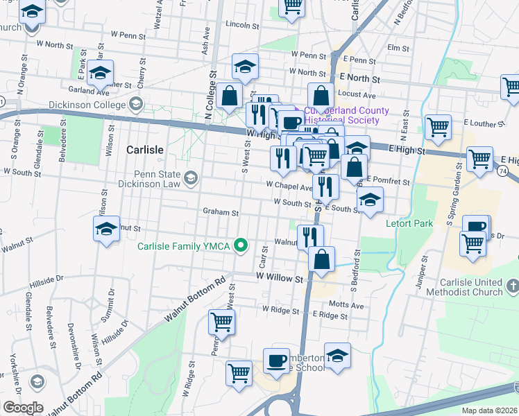 map of restaurants, bars, coffee shops, grocery stores, and more near 136 Graham Street in Carlisle