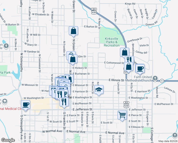 map of restaurants, bars, coffee shops, grocery stores, and more near 514 East Hickory Street in Kirksville