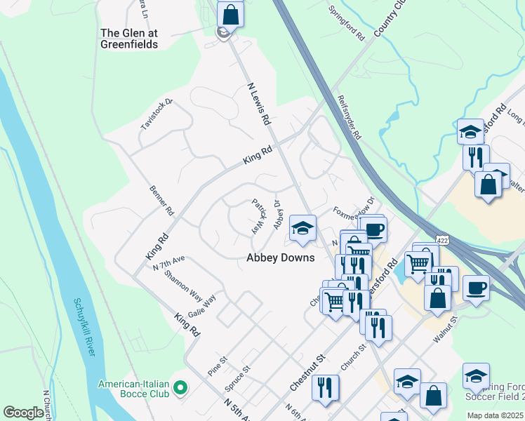 map of restaurants, bars, coffee shops, grocery stores, and more near in Royersford