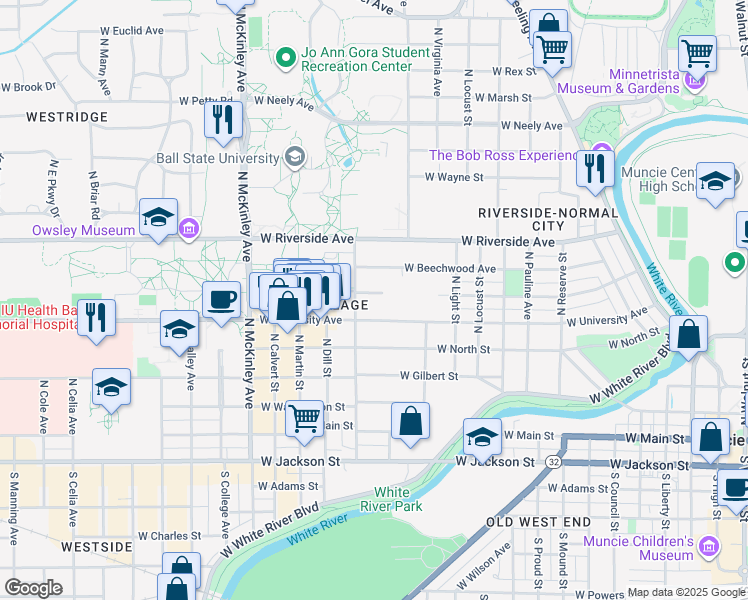 map of restaurants, bars, coffee shops, grocery stores, and more near 1405 West Ashland Avenue in Muncie