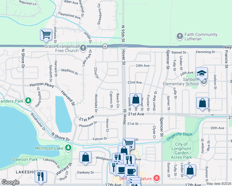 map of restaurants, bars, coffee shops, grocery stores, and more near 2674 Beech Circle in Longmont