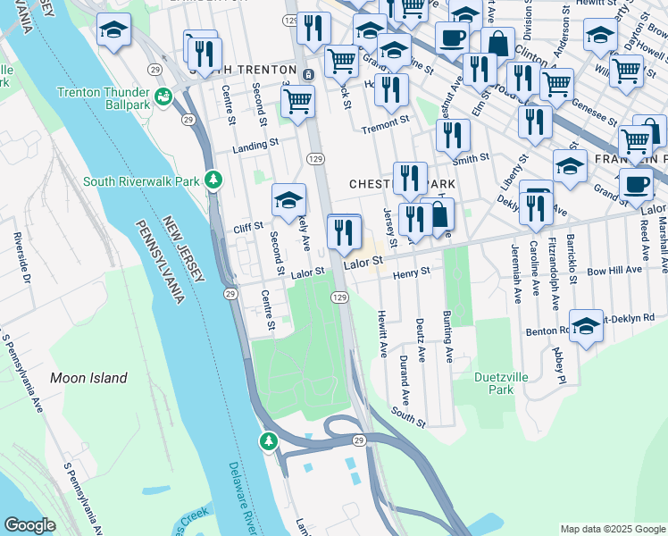 map of restaurants, bars, coffee shops, grocery stores, and more near 410 Lalor Street in Trenton