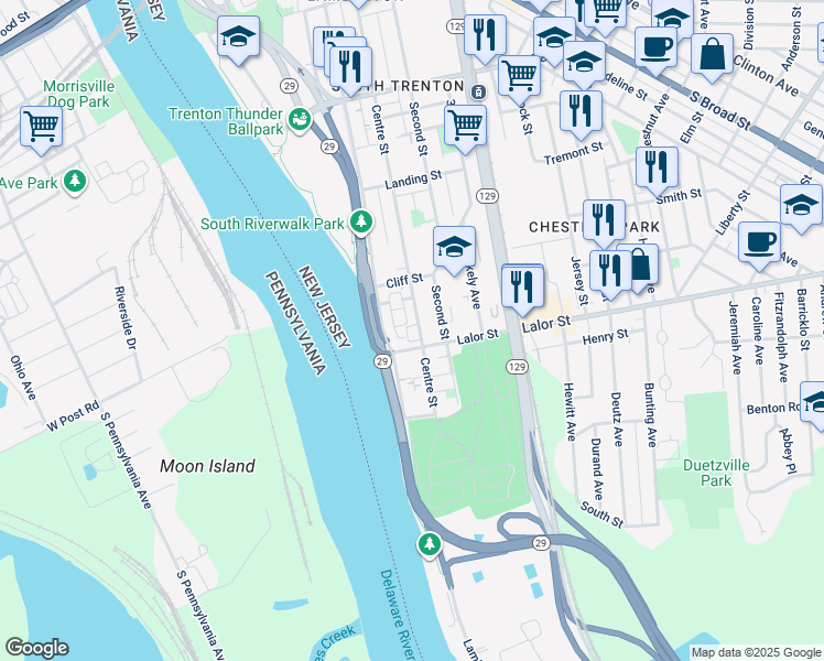 map of restaurants, bars, coffee shops, grocery stores, and more near 749 Centre Street in Trenton
