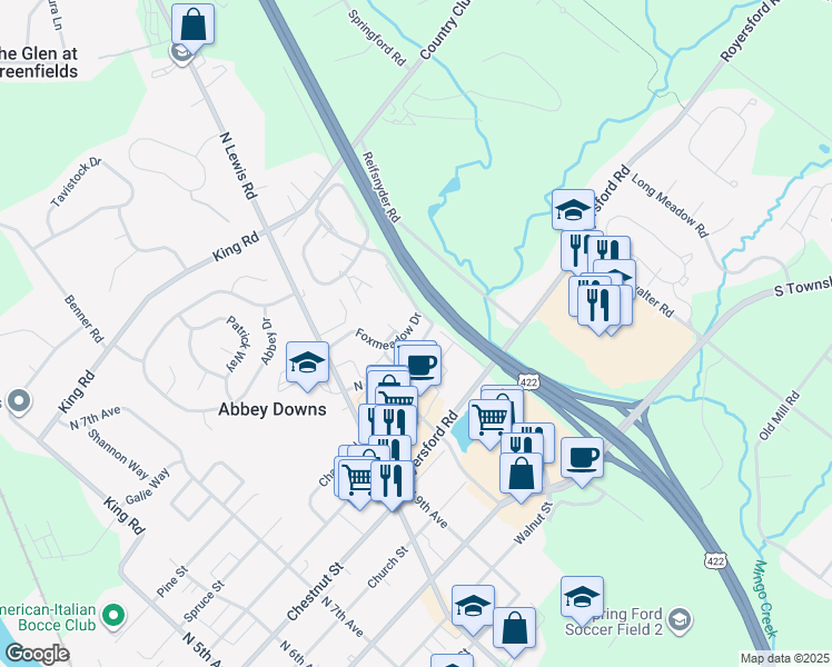 map of restaurants, bars, coffee shops, grocery stores, and more near 612 Foxcroft Circle in Royersford