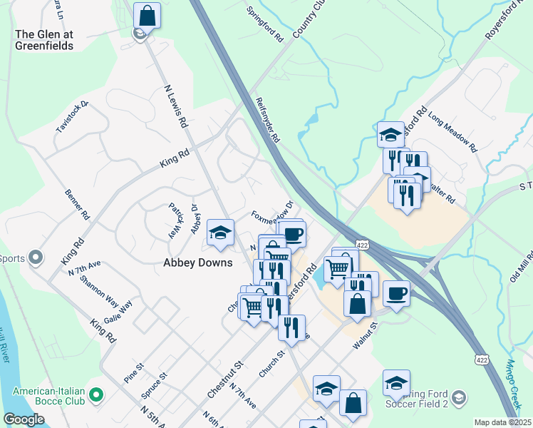 map of restaurants, bars, coffee shops, grocery stores, and more near 807 Foxmeadow Drive in Royersford