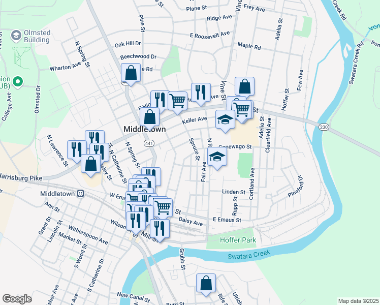 map of restaurants, bars, coffee shops, grocery stores, and more near 254 North Pine Street in Middletown