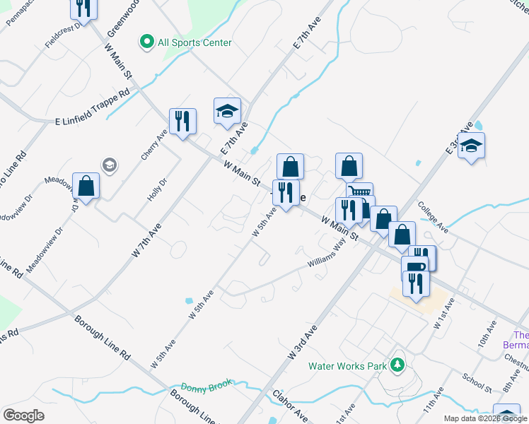 map of restaurants, bars, coffee shops, grocery stores, and more near 25 West 5th Avenue in Collegeville