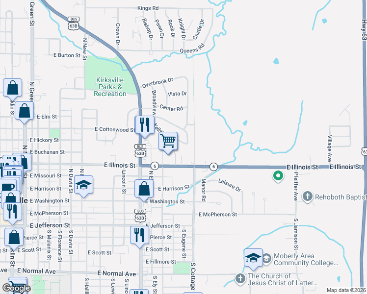 map of restaurants, bars, coffee shops, grocery stores, and more near 49-129 Kellwood Dr in Kirksville