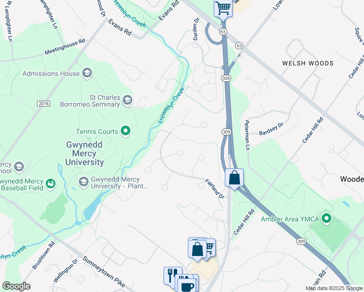 map of restaurants, bars, coffee shops, grocery stores, and more near 1335 Mcauley Court in Ambler