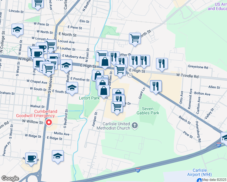 map of restaurants, bars, coffee shops, grocery stores, and more near 2 Rush Drive in Carlisle