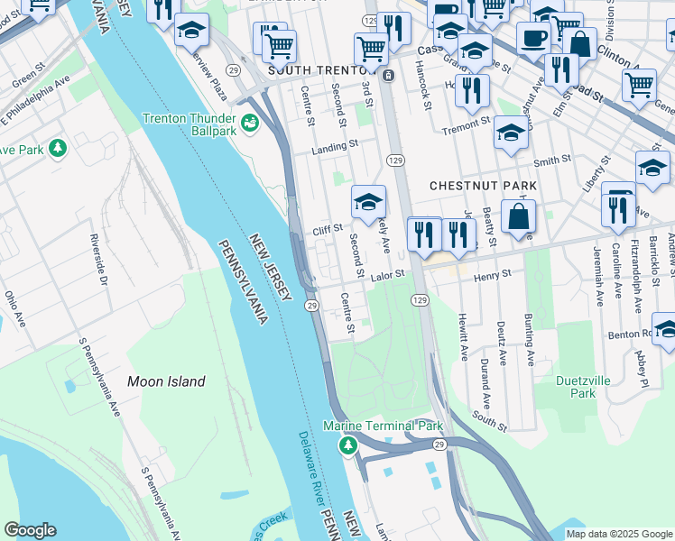 map of restaurants, bars, coffee shops, grocery stores, and more near 755 Centre Street in Trenton