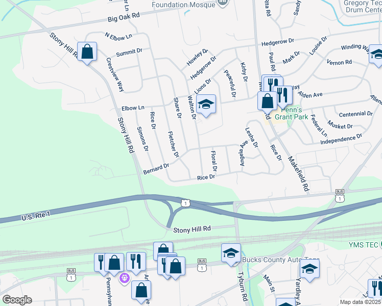 map of restaurants, bars, coffee shops, grocery stores, and more near 23 Bernard Drive in Morrisville