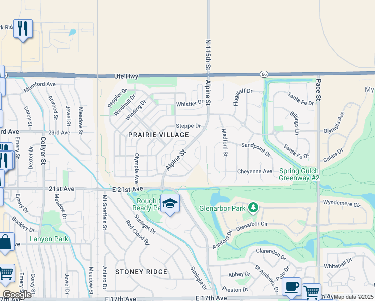 map of restaurants, bars, coffee shops, grocery stores, and more near 2214 Alpine Street in Longmont