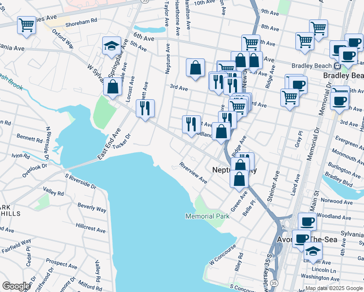 map of restaurants, bars, coffee shops, grocery stores, and more near 64 Village Place in Neptune City