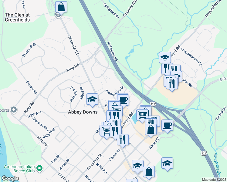map of restaurants, bars, coffee shops, grocery stores, and more near 807 Foxmeadow Drive in Royersford