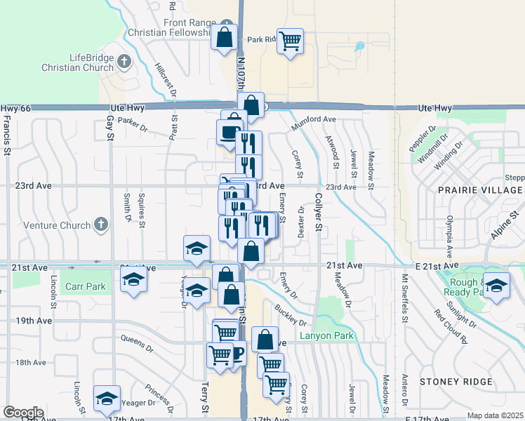 map of restaurants, bars, coffee shops, grocery stores, and more near 2210 Main Street in Longmont