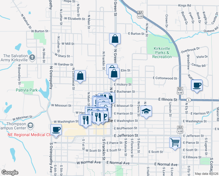 map of restaurants, bars, coffee shops, grocery stores, and more near 512 North Franklin Street in Kirksville