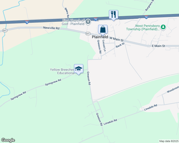 map of restaurants, bars, coffee shops, grocery stores, and more near 205 Greason Road in Plainfield